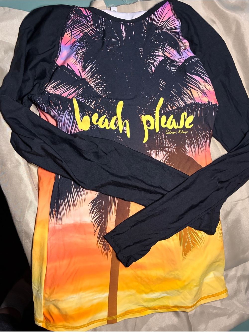 Calvin Klein Black Palm-Print Rash Guard with Pink, Purple & Yellow Sunset (ECU